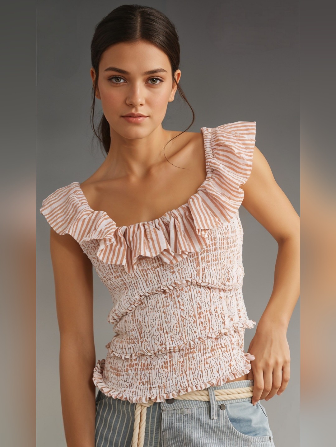 Anthropologie Smocked Ruffled Tan Striped Sleeveless Top